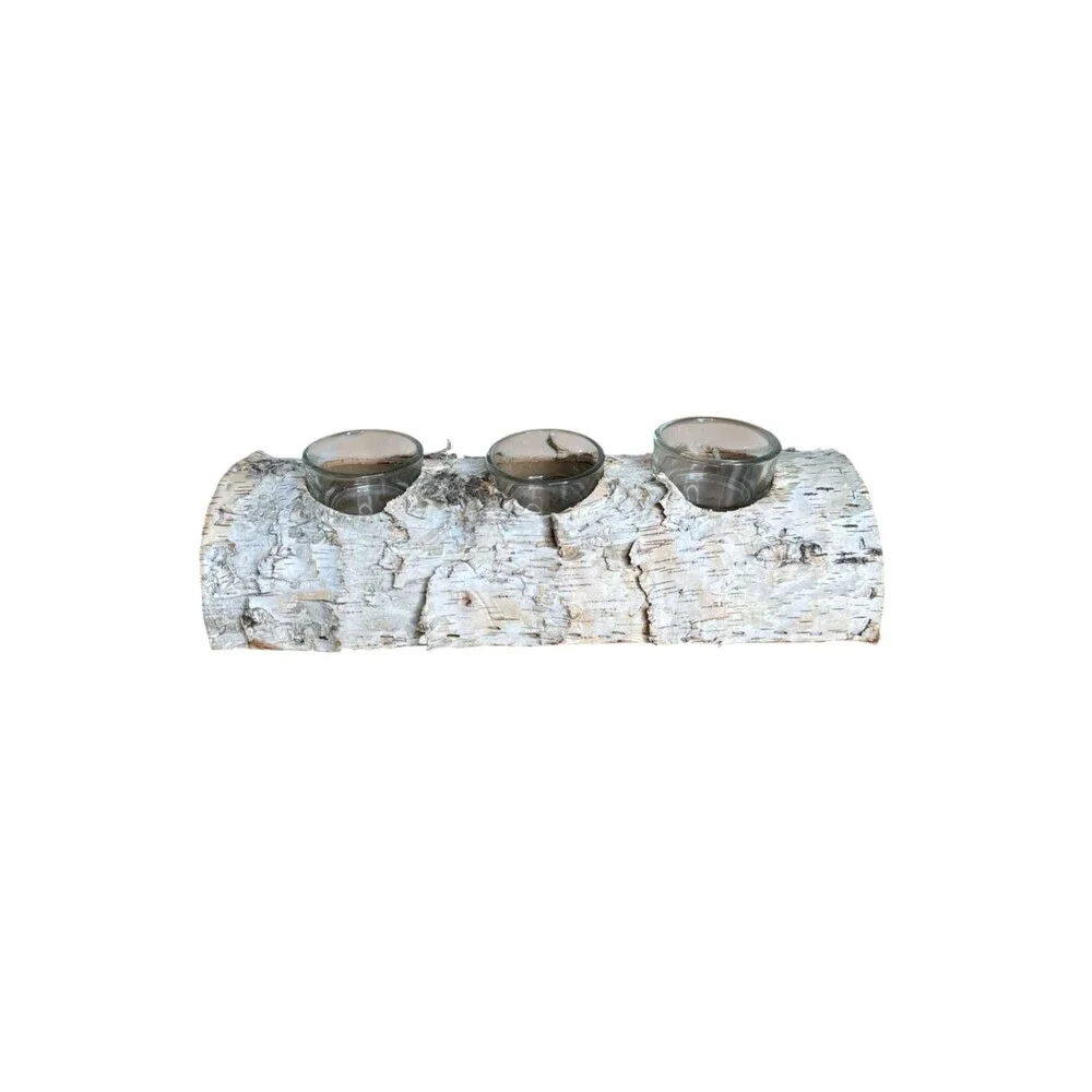 Rustic Wood Log Birch Bark 3 Tea Light Candle Holder Centerpiece Cabin Lodge 11”